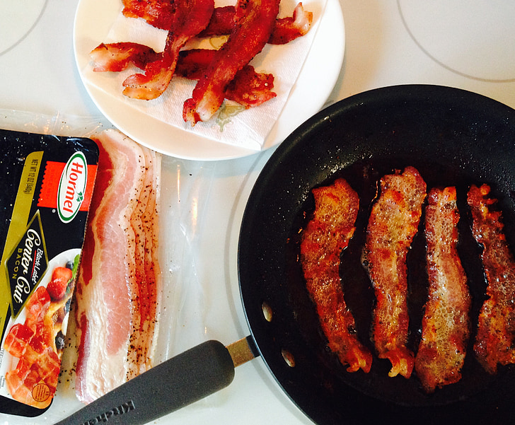 bacon, fry, pan, fried, food, delicious, breakfast
