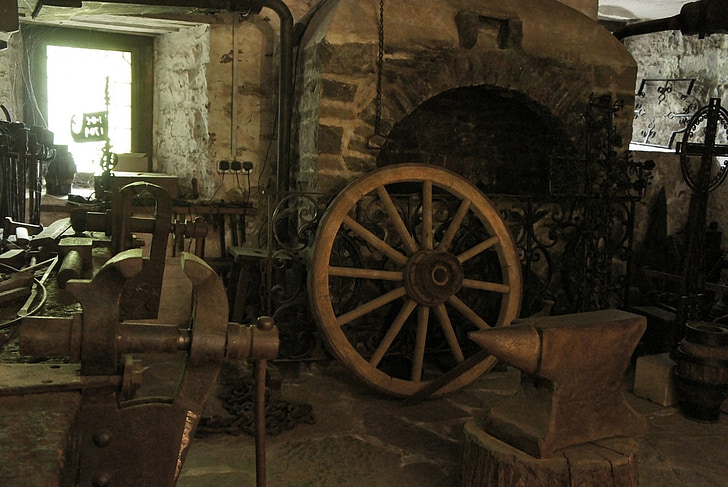Middeleeuwen, Forge, Workshop, oude, Kasteel, Wagon wheel