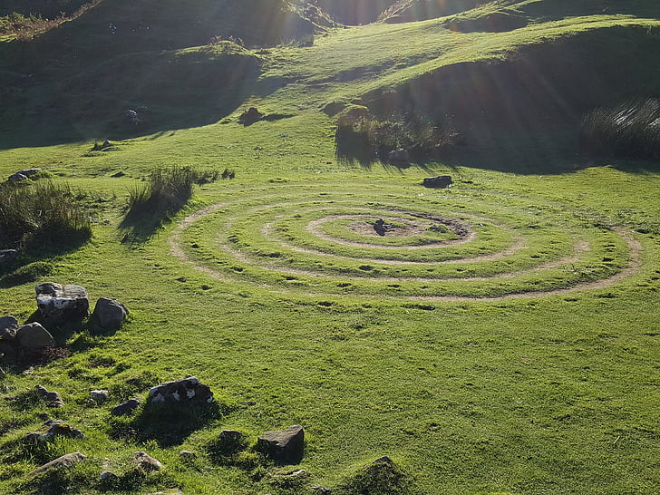 circles, green, nature, scotland, valley, spiral, landscape