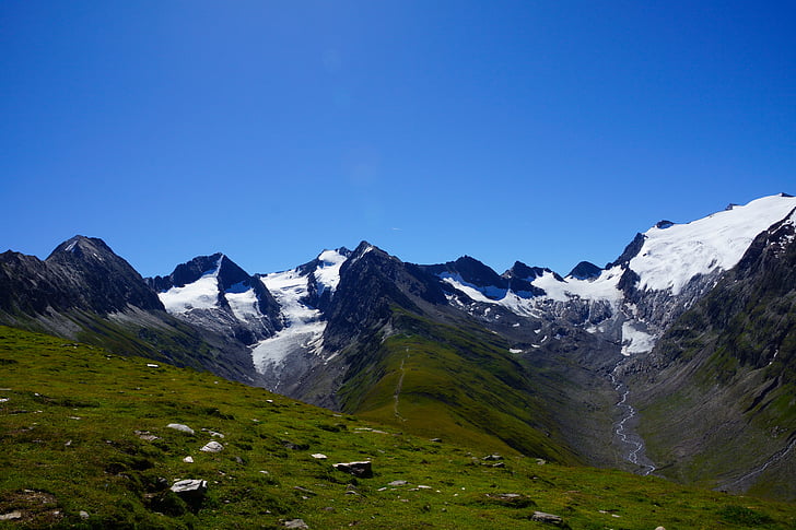 montanhas, Alpina, Áustria, céu, azul, prados de montanha, gelo