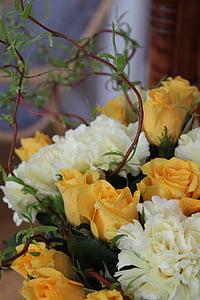 žuta, ruža, buket, cvijet, cvatu, bršljan, bijeli