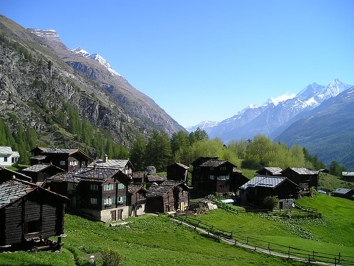 cottages, village, zermatt, mountains, alpine, switzerland, mountain