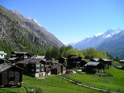 Vikendice, selo, Zermatt, planine, alpski, Švicarska, planine