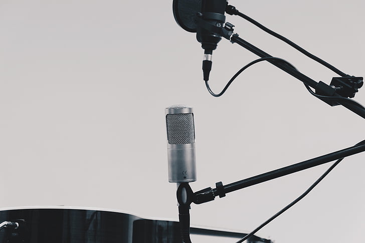 grayscale, photo, condenser, microphone, stand, recording, studio