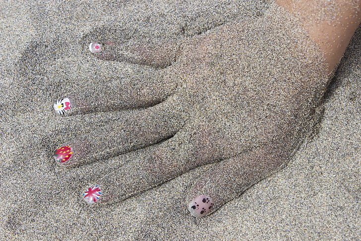 hånd, finger negle, sand, barnets hånd, Beach, havet