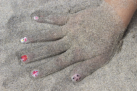 hand, finger nail, sand, child's hand, beach, sea