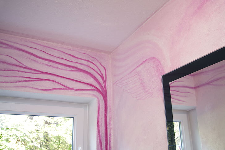 인테리어 디자인, 벽화, 낙서, 세련 된, 그림, 핑크, 날개