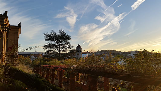 ősz, kék ég, Stuttgart, hegyi villa