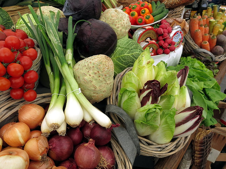zelenina, paradajky, pór, šalát, cibuľa, zdravé, jesť