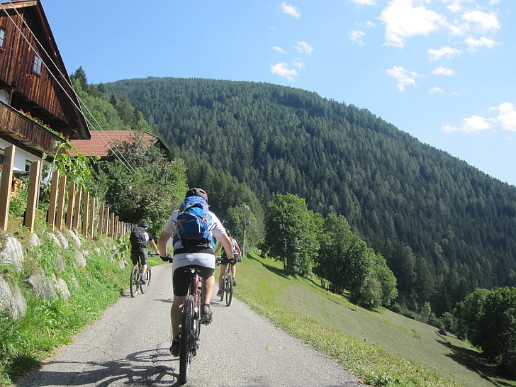 mountains, italy, cyclists, transalp, exit, forest, summer