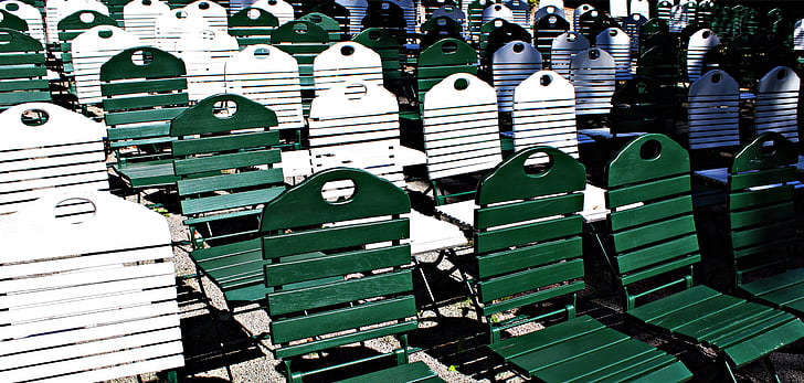 chairs, rows of seats, seating area, chair series, green, white, sit