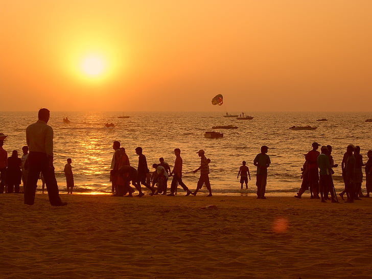 zonsondergang, India, reizen, strand, oranje hemel, mensen, silhouetten