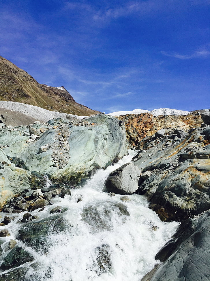 Glacier stream, Zermatt, Valais, serien 4000, landskab, høje bjerge, Schweiz