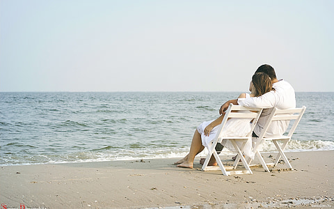 paar, liefde, romantische, zee, strand, ontspannen, aan zee