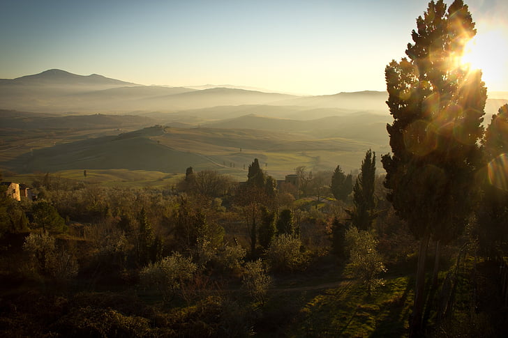 zalazak sunca, dolina, Toskana, Italija, polja, Sunce, nebo