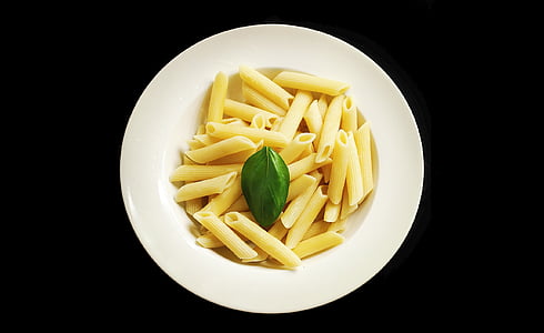 yellow, penne, pasta, green, leave, white, ceramic