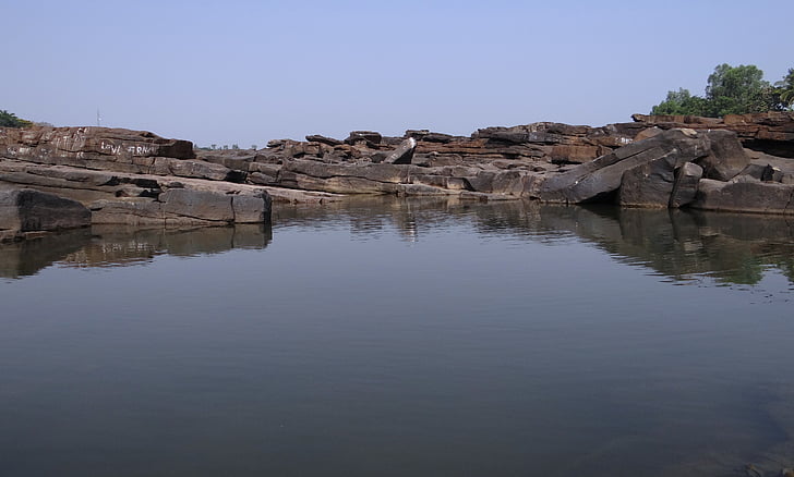 floden, ghataprabha, flodlejet, vand pool, gokak falder, sten, Indien
