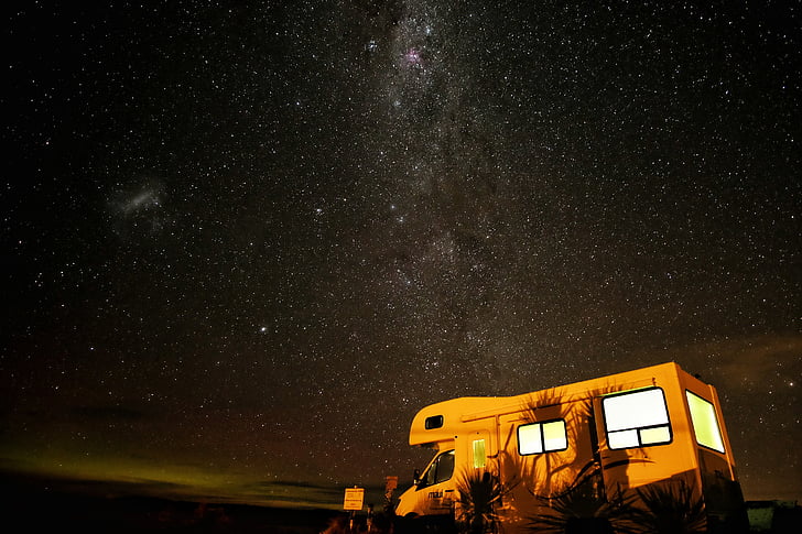 Camping-car, Camping, constellation, sombre, lumière, voie lactée, nuit