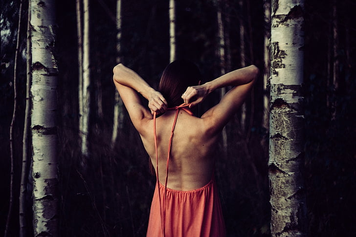 жена, носенето, Ориндж, рокля, тъмно, дървен материал, дървета
