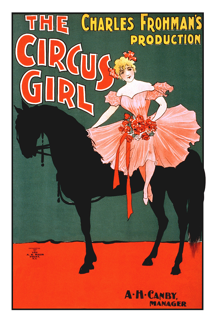 fata de circ, Vintage, Poster, fată, circ, cal, divertisment