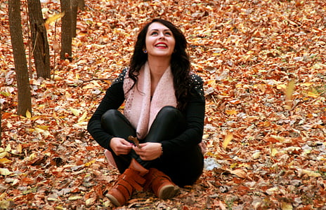 girl, autumn, yellow, leaves, beauty, happy, park