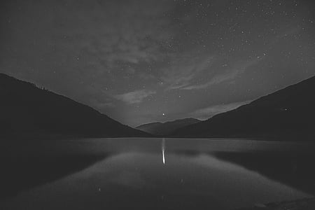 panoramic, grayscale, photo, body, water, nighttime, black and white