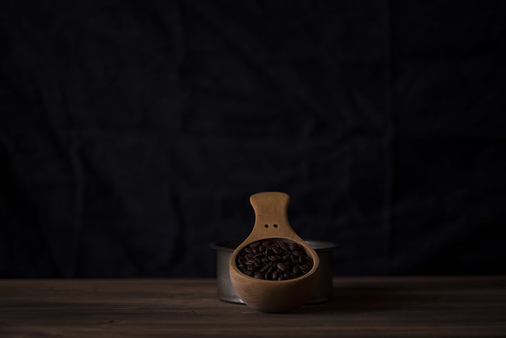 dark, room, table, wooden, scoop, coffee, beans