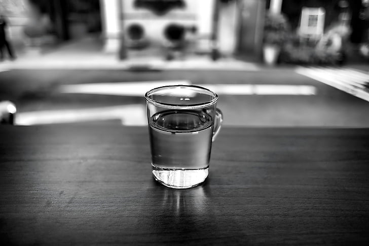 black-and-white, drink, glass, macro, table, water, pub