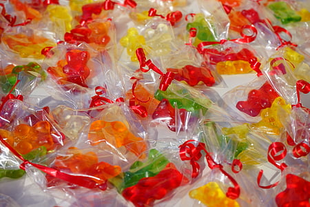 Gummi bears, emballé, sachets, mitbringsel, cellophane, gommes de fruits, ours