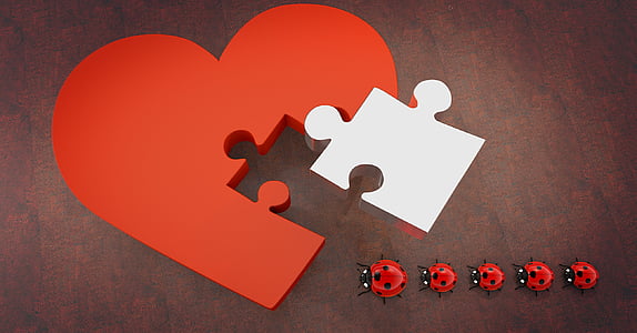 beruntung ladybug, jantung, teka-teki, bergabung bersama, potongan puzzle, bentuk hati, emosi