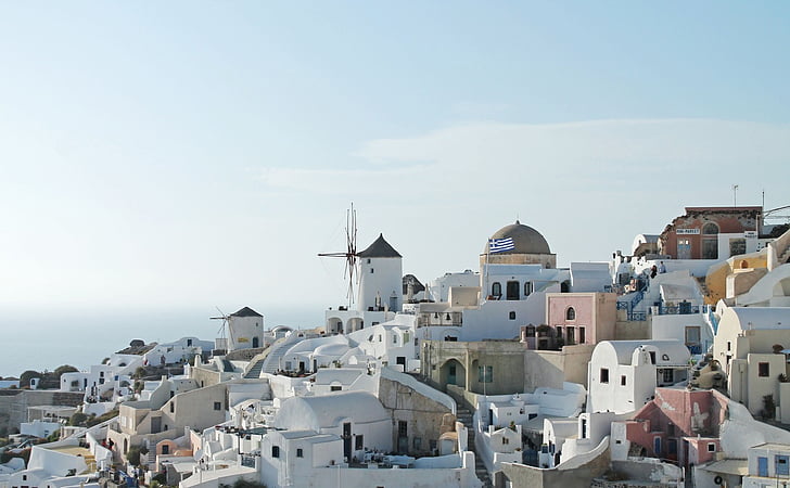 Santorini, Grécia, azul, céu, Bandeira, Grego, edifícios