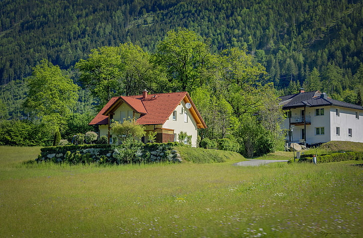 austria, fields, trees, nature, cabin, casita, blue green
