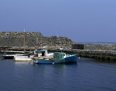 båtar, PIR, granit, Pigeon cove, Massachusetts, USA, vatten