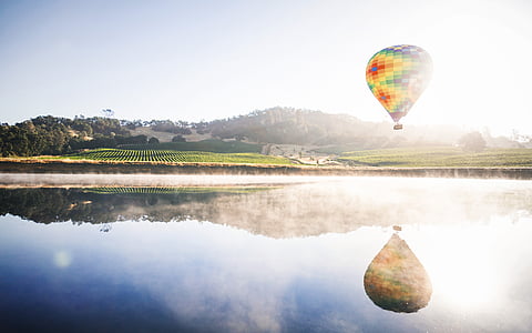 Panorama, foto, karstā, gaisa, gaisa balons, netālu no, zaļa