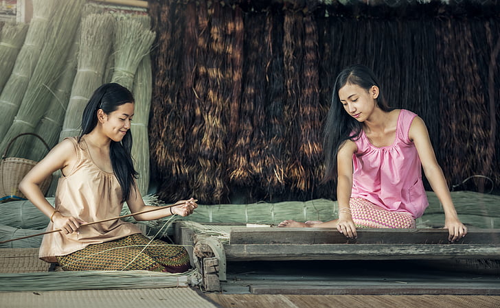 Lady, arbeta hand, Asia, Söt, Myanmar burma, Kambodja, kläder