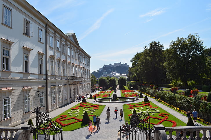 záhrady Mirabell, Salzburg, Záhrada, hrad, fontána, Rakúsko, Park