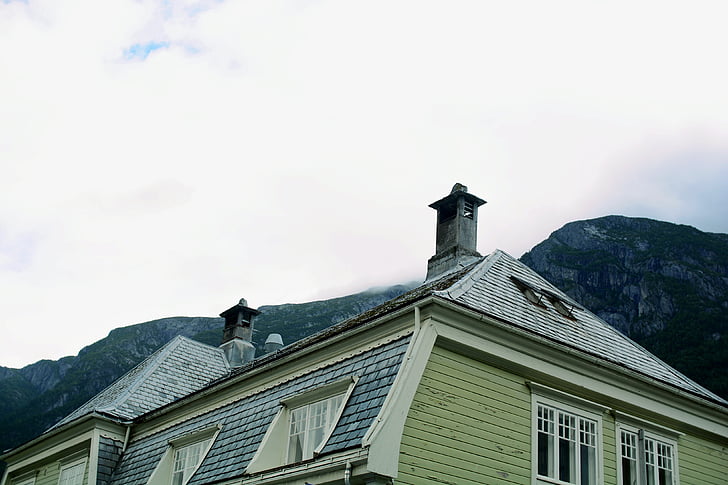 bela, zelena, lesene, hiša, struktura, strehe, okno