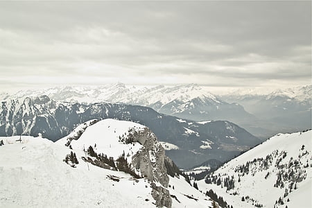 山, 覆われています。, 雪, 重い, 雲, 風景, ピーク