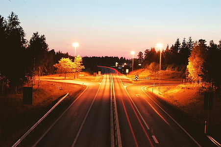 estrada, autoestrada, luzes, transporte, árvores, tráfego, carro