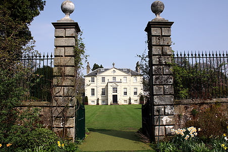 house, victorian, georgian, posts, gate, grass, sky