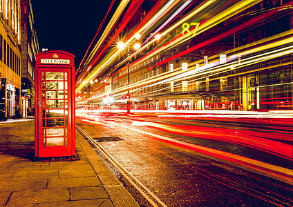 red, telephone, booth, photo, niht, time, cars
