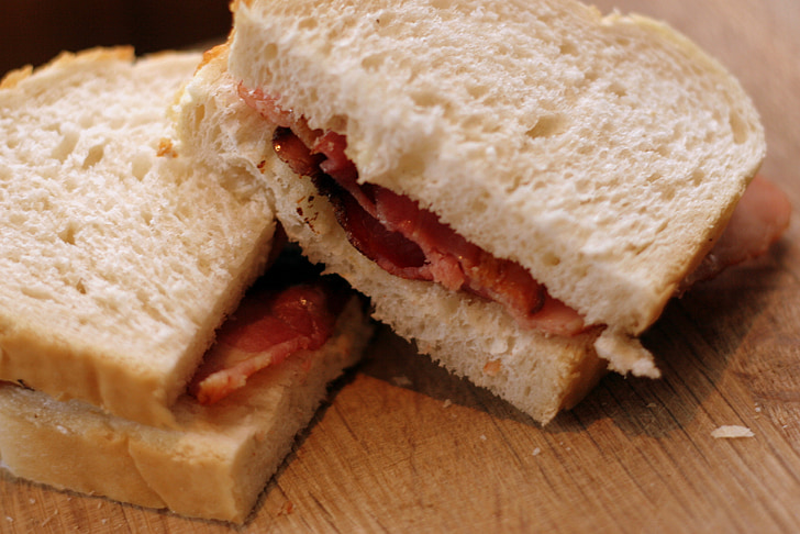sandwich, bacon, brød, hvid, skiver, mad, buttie