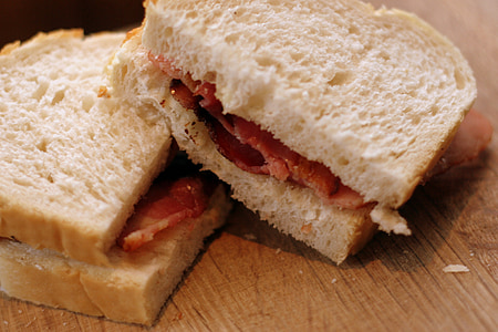 sandwich, bacon, bread, white, sliced, food, buttie