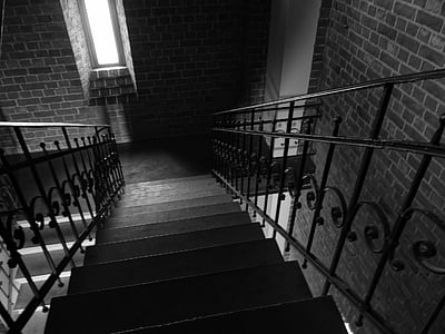 schodiště, Perspektiva, postupně, budova, černá a bílá, divný