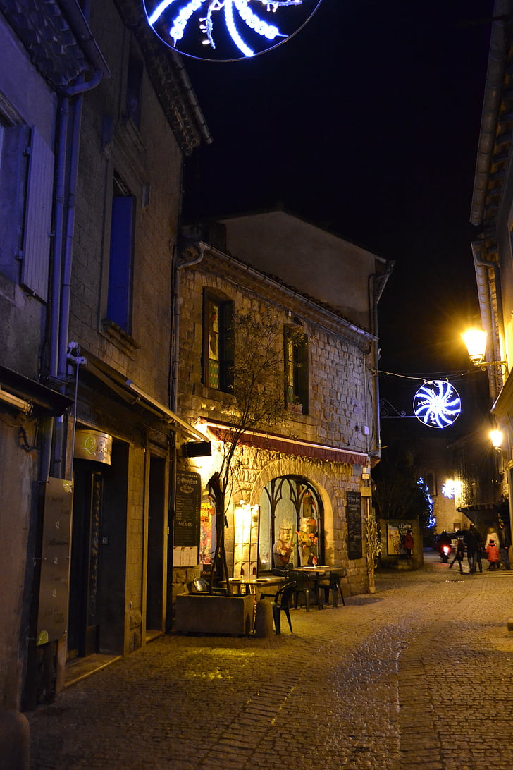 noche, Navidad, calle medieval, Carcassonne, guirnalda, ciudad medieval, Francia