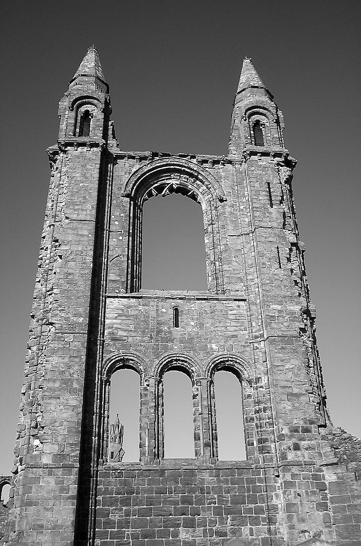 Cathedral, St andrews, Škótsko, zrúcanina, kostol, čierna a biela, Architektúra