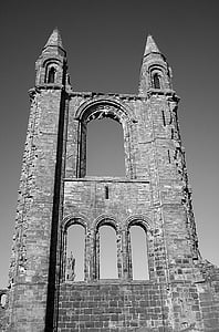 大教堂, 圣安德鲁斯, 苏格兰, 废墟, 教会, 黑色和白色, 建筑
