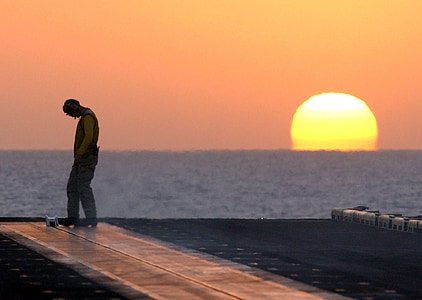 sunset, sea, ocean, silhouette, sailor, deck, man