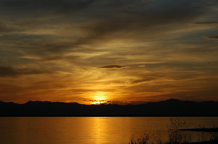 lake, sunset, golden, dark, clouds, water, yellow