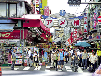 Japāna, Ueno, Japāņu, iela, zīme, veikals, pūlis